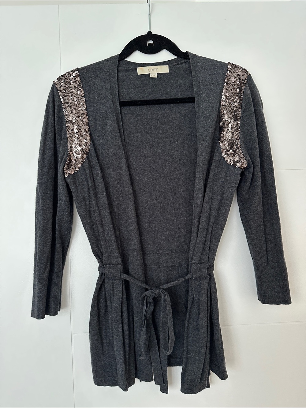 LOFT Charcoal Gray Sequin-Shoulder Open Cardigan with Self-Tie